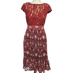 Tracy Reese Anthropologie‎ Arcadia Dress 2 Burgundy Red Floral Lace Pleated Midi